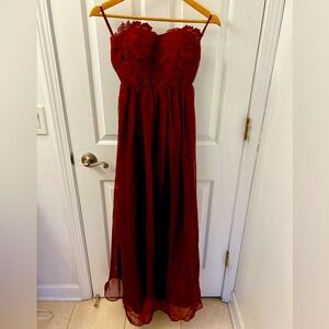 Womens burgundy long strapless dress